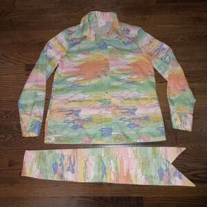 Vintage 70s Button Front Top Womens Medium 38 Watercolor Multicolor Big Collar